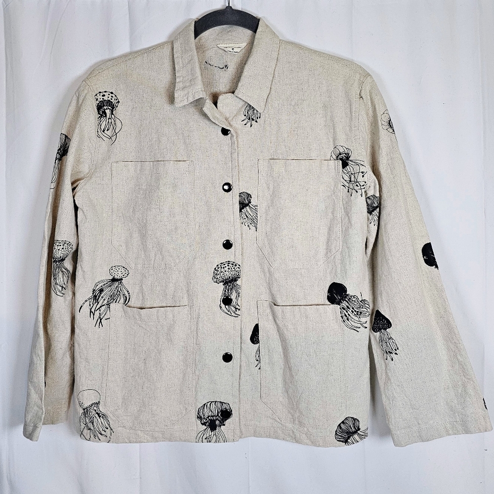 Hombre Necio 100% Linen Jacket with Jellyfish Graphic Print XS Unisex EUC